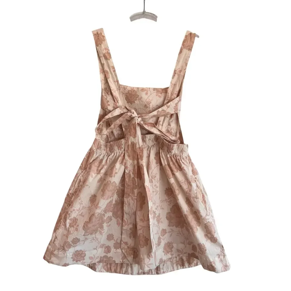Free People Pink Beige Floral Jacquard Open Back Ruched Mini Dress NWT M